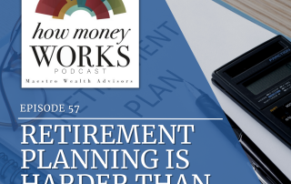 A calculator and pen sit on a binder that reads "Retirement Plan" for "Retirement Planning Is Harder than It Looks," Episode 57 of the "How Money Works" podcast from Maestro Wealth Advisors.