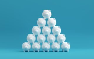 A stacked pyramid of white piggy banks against a teal background.