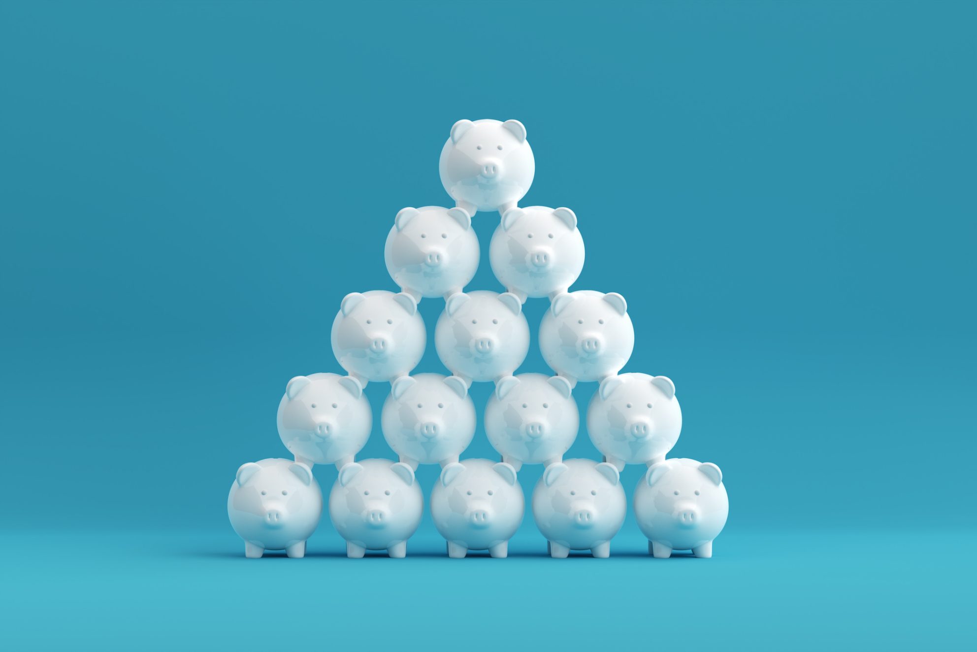 A stacked pyramid of white piggy banks against a teal background.