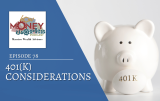 A white egg with "401K" in gold letters sits in front of a white piggy bank for "401(K) Considerations": Episode 78 of the "How Money Works" podcast from Maestro Wealth Advisors.