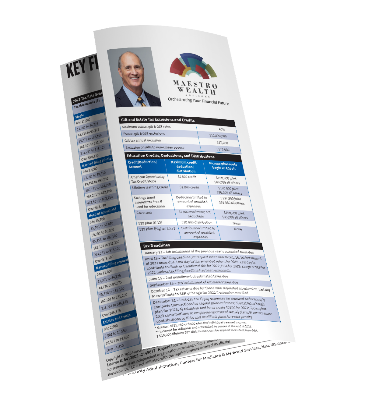 A tri-fold pamphlet from Maestro Wealth Advisors with information presented in charts.