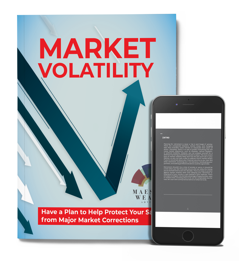 The cover of Maestro Wealth Advisors' booklet entitled "Market Volatility: Have a Plan to Help Protect Your Savings from Major Market Corrections." A smartphone displays the booklet's introduction.